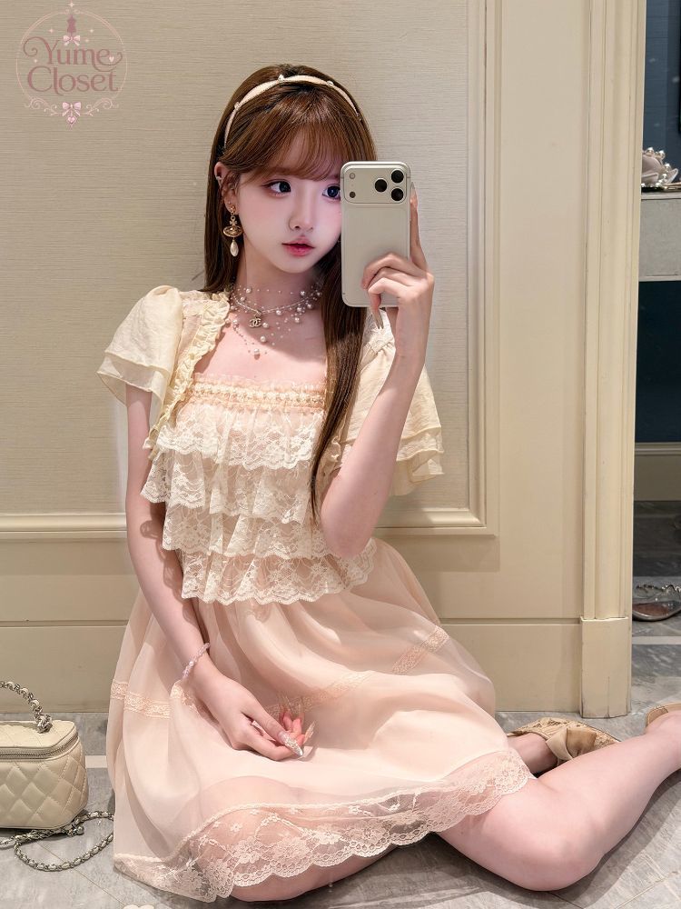 Elastic Lace Trim - ชุดเดรสสไตล์โลลิต้าหวานๆ แบบวินเทจญี่ปุ่นสำหรับผู้หญิง พร้อมลูกไม้ตกแต่ง แขนพอง เสื้อคาร์ดิแกนสั้น ผ้าชีฟอง