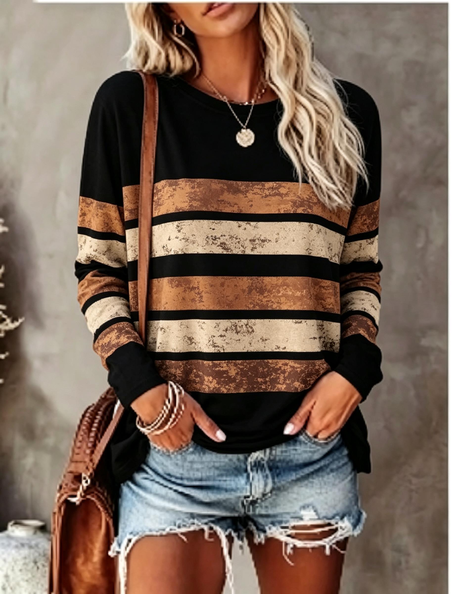 Embellish Knit - เสื้อยืดแขนยาวผู้หญิง สไตล์วินเทจ สีซีดแบบมีลวดลาย ลายทาง คอกลม ลำลอง